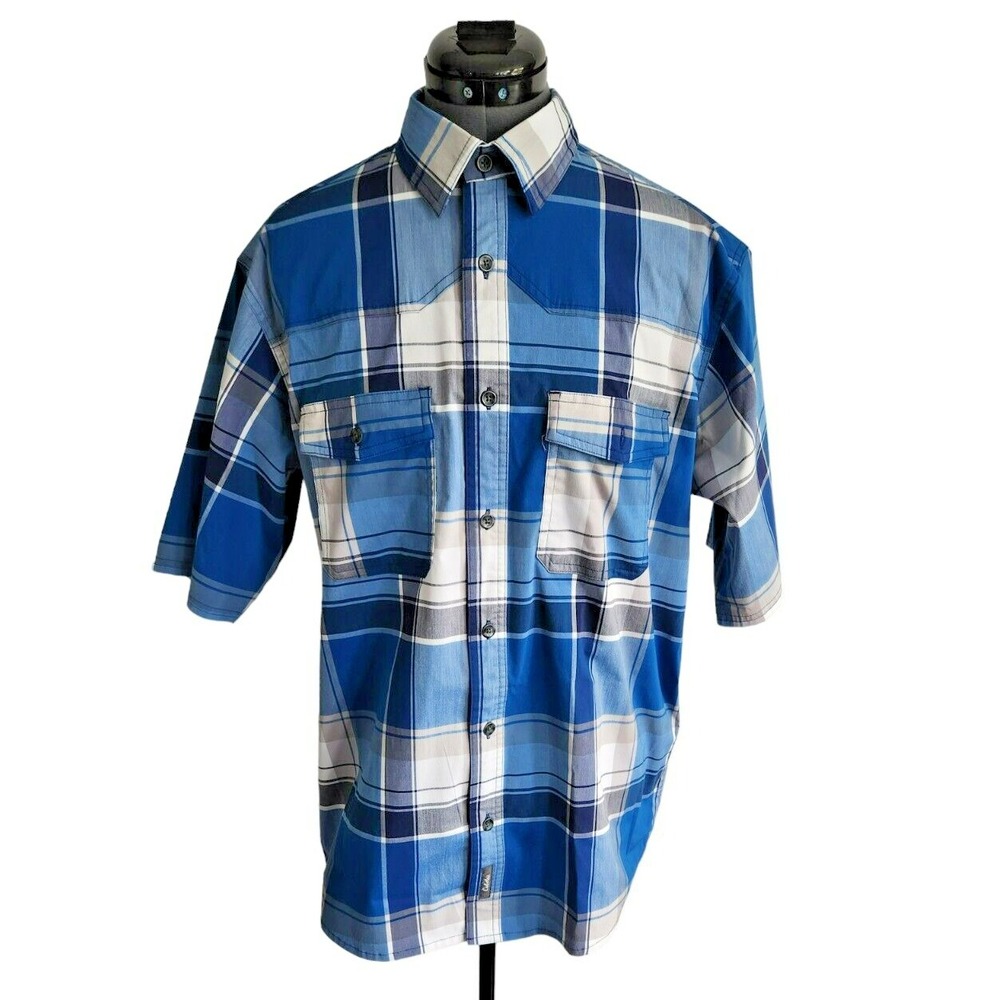 Cabelas Mens Blue White Plaid Short Sleeve Button Down Shirt‎ Size Medium